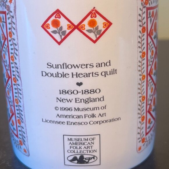 Vtg OTAGIRI Museum of American Folk Art SUNFLOWERS AND DOUBLE HEARTS Quilt Mug - Picture 5 of 10